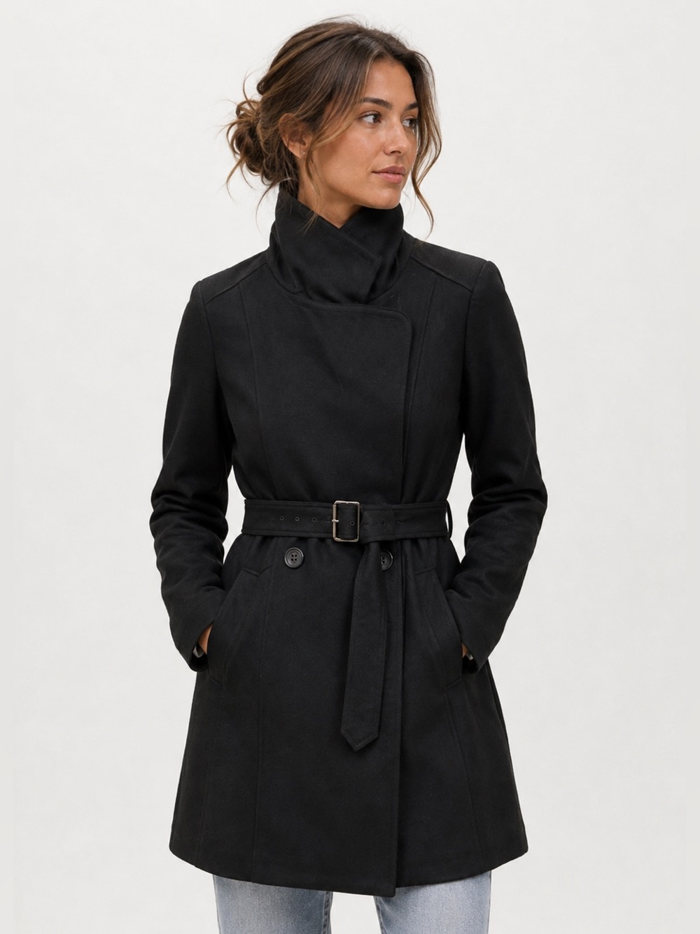 Theory Black Belted Funnel Neck Trench Coat Jacket Size 4 / P